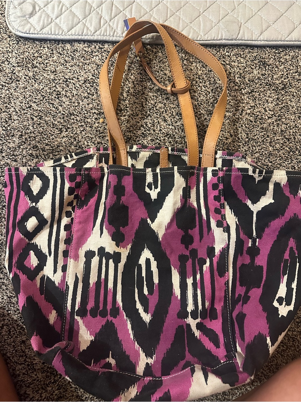 Purple Patterned Canvas Tote with Tan Straps